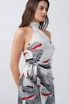 House of Varada_White Modal Satin Print Floral Halter Neck Asymmetric Wrap Dress _at_Aza_Fashions