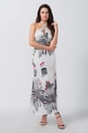 House of Varada_White Modal Satin Print Floral Halter Neck Abstract Panelled Dress _Online_at_Aza_Fashions