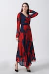 Buy_House of Varada_Red Chinon Print Abstract V-neck Floral Asymmetric Dress _at_Aza_Fashions