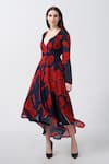 House of Varada_Red Chinon Print Abstract V-neck Floral Asymmetric Dress _Online_at_Aza_Fashions