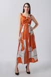 Buy_House of Varada_Orange Cotton Satin Print Scribble Sweetheart Abstract Twisted Bodice Dress _at_Aza_Fashions