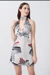 Buy_House of Varada_White Modal Satin Print Floral Halter Neck Tie Up Dress _Online_at_Aza_Fashions