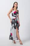 House of Varada_White Modal Satin Print Floral Geometric Abstract Twisted Front Knot Dress _Online_at_Aza_Fashions