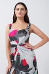 Shop_House of Varada_White Modal Satin Print Floral Geometric Abstract Twisted Front Knot Dress _Online_at_Aza_Fashions