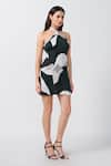 House of Varada_Green Modal Satin Print Abstract Halter Neck Mini Dress _Online_at_Aza_Fashions