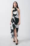 House of Varada_Green Modal Satin Print Abstract Halter Neck Asymmetric Dress _at_Aza_Fashions