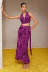 Buy_Nitara Dhanraj Label_Purple Pure Crepe Print Floral Mandala Halter Flower Draped Top With Skirt _at_Aza_Fashions