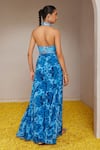 Shop_Nitara Dhanraj Label_Blue Dupion Silk And Pure Crepe Print Floral Mandala Halter Fringed Top With Pant _at_Aza_Fashions