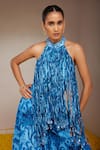 Nitara Dhanraj Label_Blue Dupion Silk And Pure Crepe Print Floral Mandala Halter Fringed Top With Pant _at_Aza_Fashions