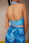 Shop_Nitara Dhanraj Label_Blue Dupion Silk And Pure Crepe Print Floral Mandala Halter Fringed Top With Pant 