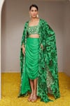 Buy_Nitara Dhanraj Label_Green Raw Silk Print Floral Mandala Cape Front Open Flower And Draped Skirt _at_Aza_Fashions