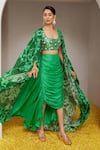 Nitara Dhanraj Label_Green Raw Silk Print Floral Mandala Cape Front Open Flower And Draped Skirt _Online_at_Aza_Fashions