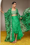 Buy_Nitara Dhanraj Label_Green Raw Silk Print Floral Mandala Cape Front Open Flower And Draped Skirt _Online_at_Aza_Fashions