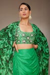 Shop_Nitara Dhanraj Label_Green Raw Silk Print Floral Mandala Cape Front Open Flower And Draped Skirt _Online_at_Aza_Fashions