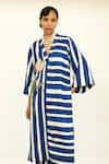 OFRIDA_Blue Twill, Linen Beads, Embroidery V-neck Stripe Print Straight Kurta _Online_at_Aza_Fashions