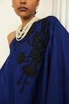 Buy_OFRIDA_Blue Raw Silk Applique Floral Asymmetric Neck Draped Top With Skirt _Online_at_Aza_Fashions