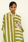 OFRIDA_Green Muslin Silk Blend Hand Painted Stripe Collared Neck Print Tunic With Pant _Online_at_Aza_Fashions