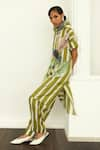 Shop_OFRIDA_Green Muslin Silk Blend Hand Painted Stripe Round Neck Print Kaftan With Pant _Online_at_Aza_Fashions