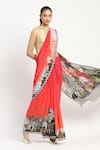 Buy_Satya Paul_Coral Silk Crepe Printed City Graffiti Saree With Unstitched Blouse Piece _at_Aza_Fashions