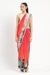 Satya Paul_Coral Silk Crepe Printed City Graffiti Saree With Unstitched Blouse Piece _Online_at_Aza_Fashions