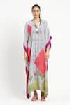 Satya Paul_Grey Crepe Printed Phulkari V-neck More Amour Kaftan _Online_at_Aza_Fashions