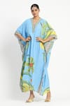 Buy_Satya Paul_Blue Viscose Crepe Printed Flora V-neck Sunseeker Kaftan _at_Aza_Fashions