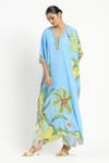 Shop_Satya Paul_Blue Viscose Crepe Printed Flora V-neck Sunseeker Kaftan _Online_at_Aza_Fashions