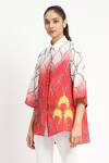 Satya Paul_Coral Linen Printed Mughal Architecture Shirt Collar Aperture High-low Tunic _Online_at_Aza_Fashions