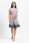 Buy_Satya Paul_Pink Chiffon Print Floral Round Neck Flowers And Stripes Dress _at_Aza_Fashions