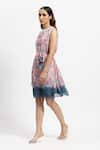 Satya Paul_Pink Chiffon Print Floral Round Neck Flowers And Stripes Dress _Online_at_Aza_Fashions