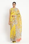 Buy_Satya Paul_Yellow Linen Print Floral Camera Natura Saree With Unstitched Blouse Piece _at_Aza_Fashions