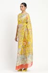 Satya Paul_Yellow Linen Print Floral Camera Natura Saree With Unstitched Blouse Piece _Online_at_Aza_Fashions