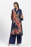 Buy_Satya Paul_Blue Silk Crepe Print Floral Stand Collar Bloom Kurta With Pant _at_Aza_Fashions