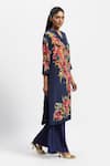 Satya Paul_Blue Silk Crepe Print Floral Stand Collar Bloom Kurta With Pant _at_Aza_Fashions