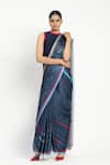 Satya Paul_Blue Silk Georgette Satin Print Wordsmith Saree With Unstitched Blouse Piece _at_Aza_Fashions