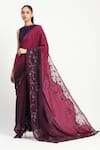 Shop_Satya Paul_Wine Viscose Crepe Embroidery Liquid Grace Saree With Unstitched Blouse Piece _Online_at_Aza_Fashions