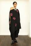 Buy_OFRIDA_Black Raw Silk Embroidered Applique One Shoulder Off Kaftan With Pant _at_Aza_Fashions