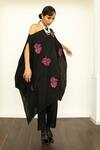 OFRIDA_Black Raw Silk Embroidered Applique One Shoulder Off Kaftan With Pant _Online_at_Aza_Fashions