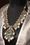 Shop_Amaara Jewels_Green Pearls, Stones Abstract Geometric Embellished Necklace Set _at_Aza_Fashions