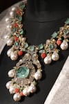 Amaara Jewels_Green Pearls, Stones Abstract Geometric Embellished Necklace Set _at_Aza_Fashions