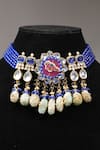 Buy_Amaara Jewels_Blue Polki Carved Stone Embellished Bead Choker Set _Online_at_Aza_Fashions