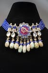 Shop_Amaara Jewels_Blue Polki Carved Stone Embellished Bead Choker Set _Online_at_Aza_Fashions