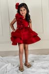 Buy_Lil Angels_Maroon Satin Fabric Flowers Ruched Rosette Ruffle Tiered Dress _at_Aza_Fashions