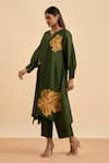 Buy_ORIGANI_Green Chanderi Silk Applique Blossom Split V Neck Kurta And Pant _Online_at_Aza_Fashions