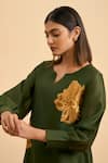 ORIGANI_Green Chanderi Silk Applique Blossom Split V Neck Kurta And Pant _at_Aza_Fashions