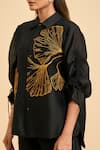 ORIGANI_Black Chanderi Silk Embroidery Flora Collar Neck High Low Shirt With Pant _at_Aza_Fashions