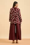 ORIGANI_Maroon Chanderi Silk Embroidery Bloom Vine Shawl Collar Jacket And Flared Pant Set _Online_at_Aza_Fashions