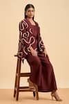 ORIGANI_Maroon Chanderi Silk Embroidery Bloom Vine Shawl Collar Jacket And Flared Pant Set _at_Aza_Fashions