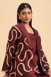 Buy_ORIGANI_Maroon Chanderi Silk Embroidery Bloom Vine Shawl Collar Jacket And Flared Pant Set 