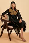 ORIGANI_Black Chanderi Silk Applique Floral Mandarin Collar Embroidered Kurta With Pant _at_Aza_Fashions